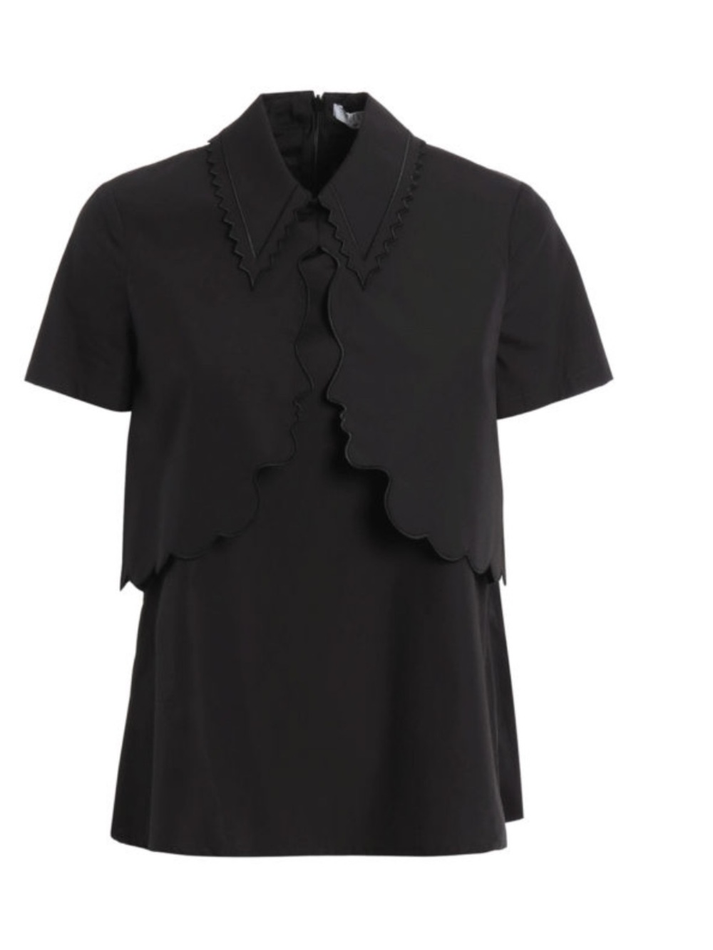 Scalloped Layered Short-Sleeve Blouse in Black